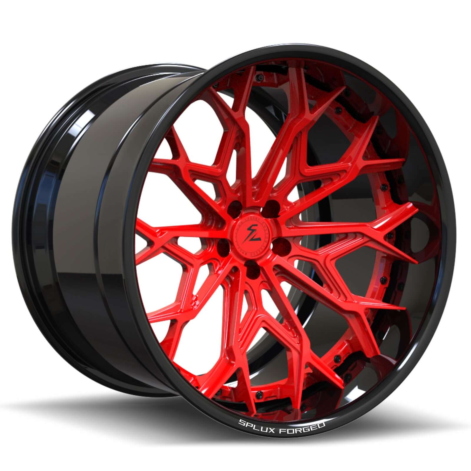black dodge challenger rims with red face. deep dish custom forged wheels from splux sd-08.