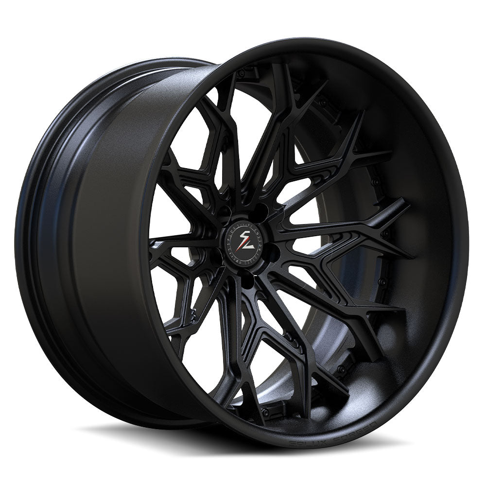 5x120 deep dish 5 lug wheels for BMW M2, M3, M4, M5, and M8. All feature a satin black finish with an aggressive, stylish design.