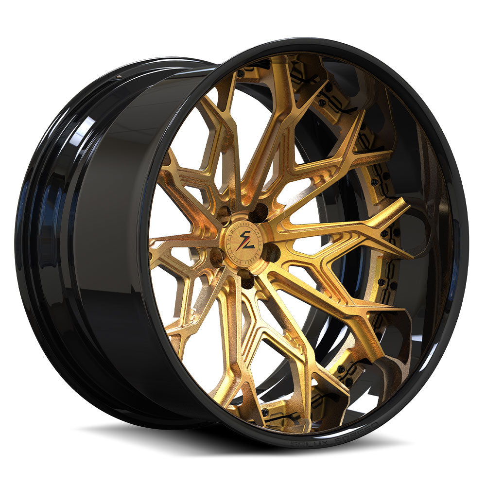 22 inch Super snake deep dish wheels with a gold and black finish. The shelby aftermarket rims from Splux SD-08.
