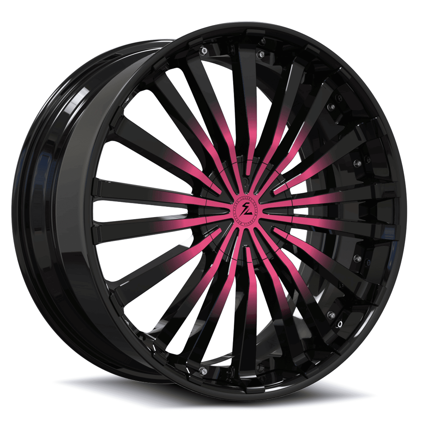 Volkswagen super beetle deep dish wheels with a pink and black finish. 