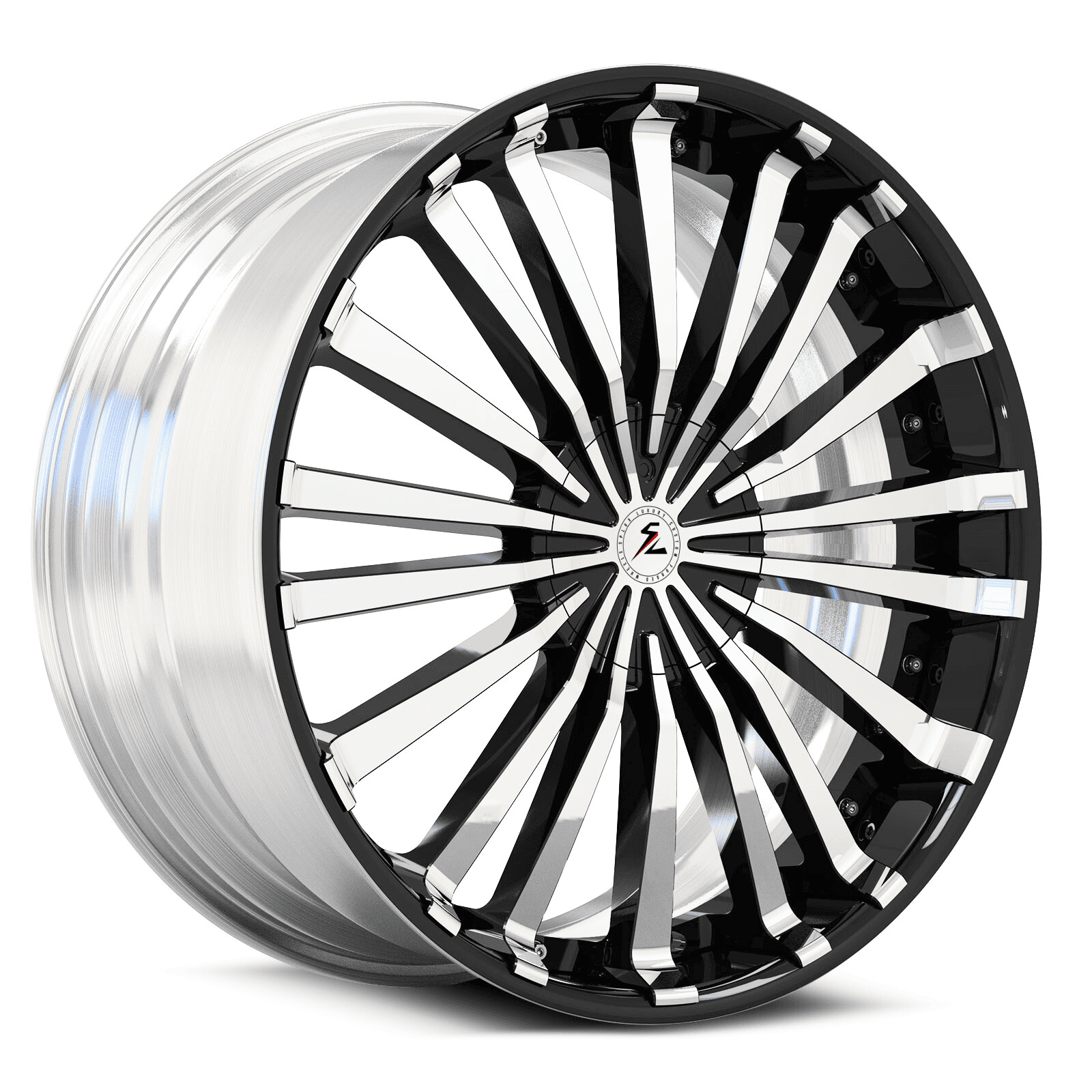 5x100 deep dish wheels with a chrome finish and black lip, available in sizes ranging from 17 to 26 inches.