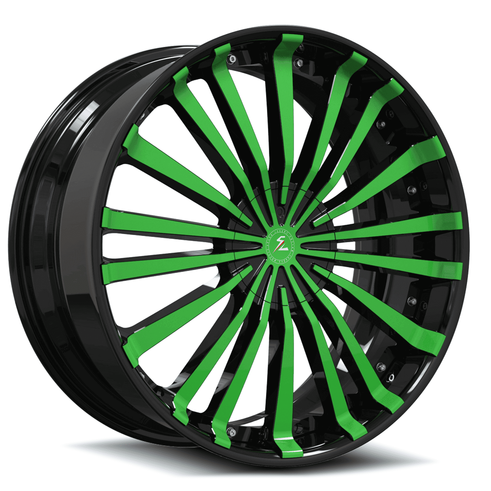 S550 Mustang deep dish wheels with a green and black finish and a more spoke design. 