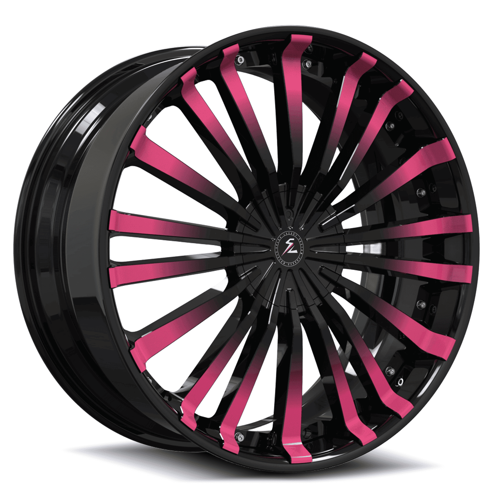 5x120 deep dish wheels with a pink and black finish. Sleek and high-performance forged aftermarket wheels.
