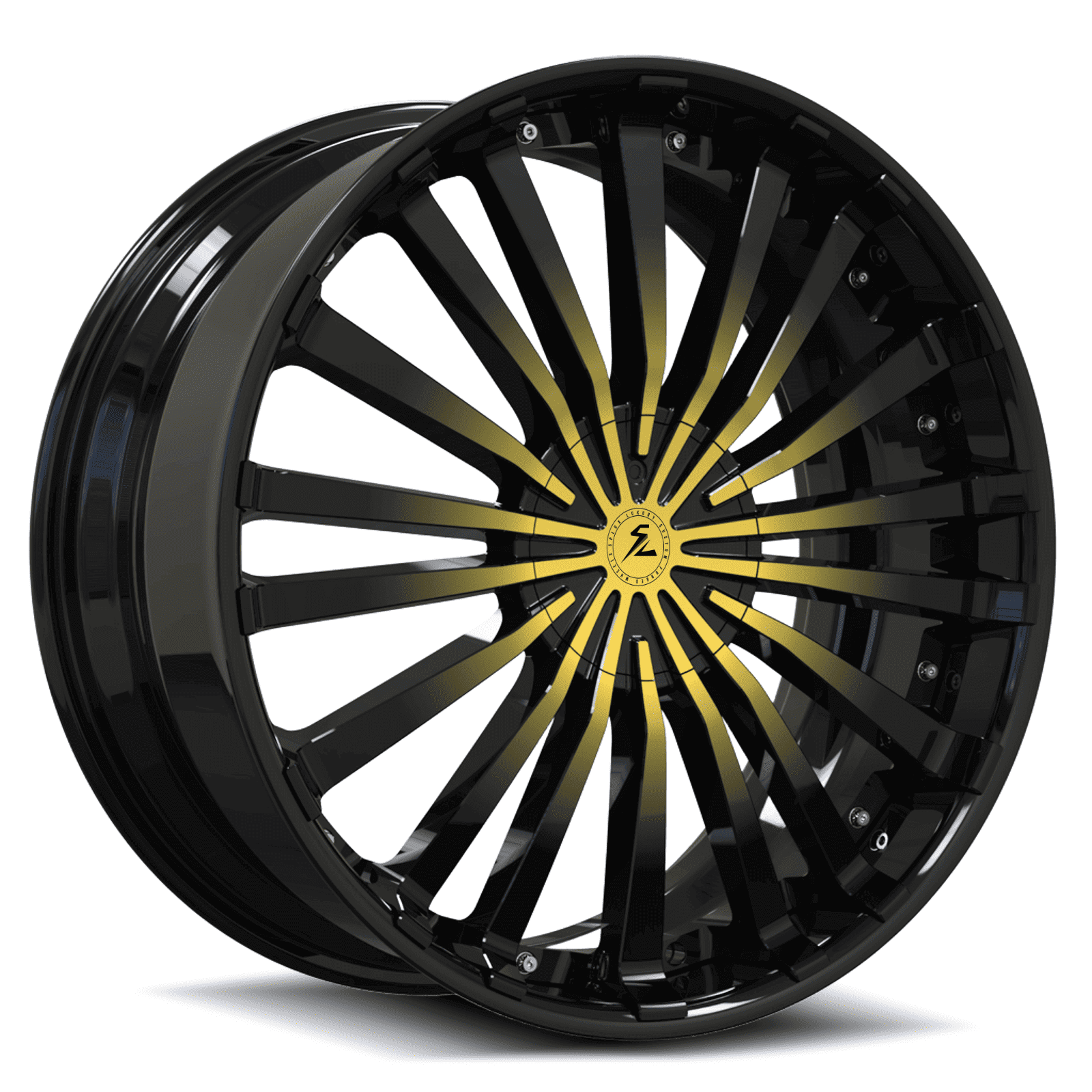 22 inch black face deep dish rims with yellow, chrome accents. Custom forged aftermarket wheels from Splux. 