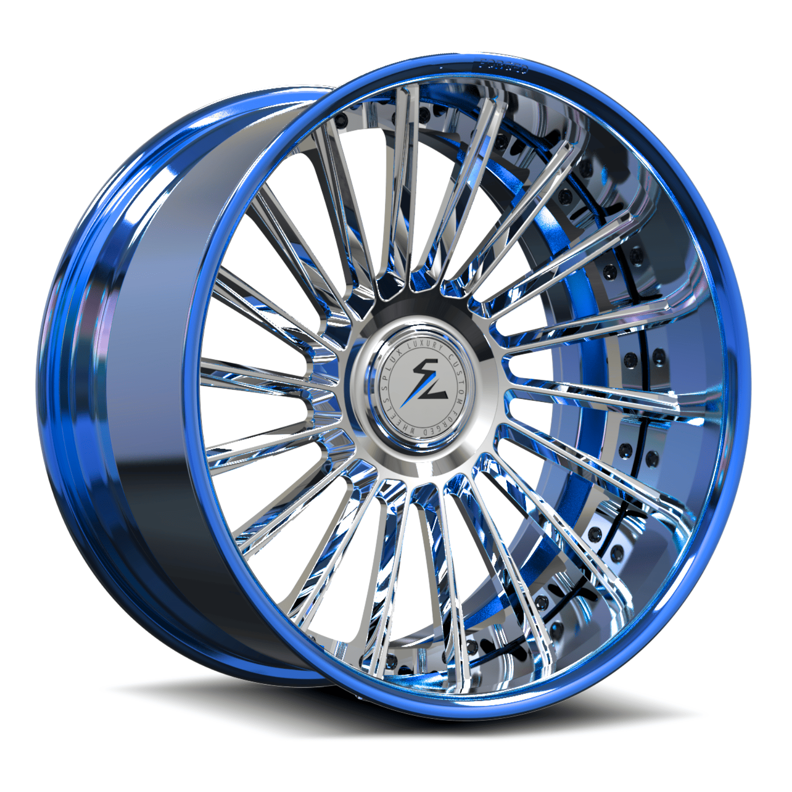 SD-23 chrome and polished blue forged wheels for Chrysler 300 Limited - multi-spoke custom wheels