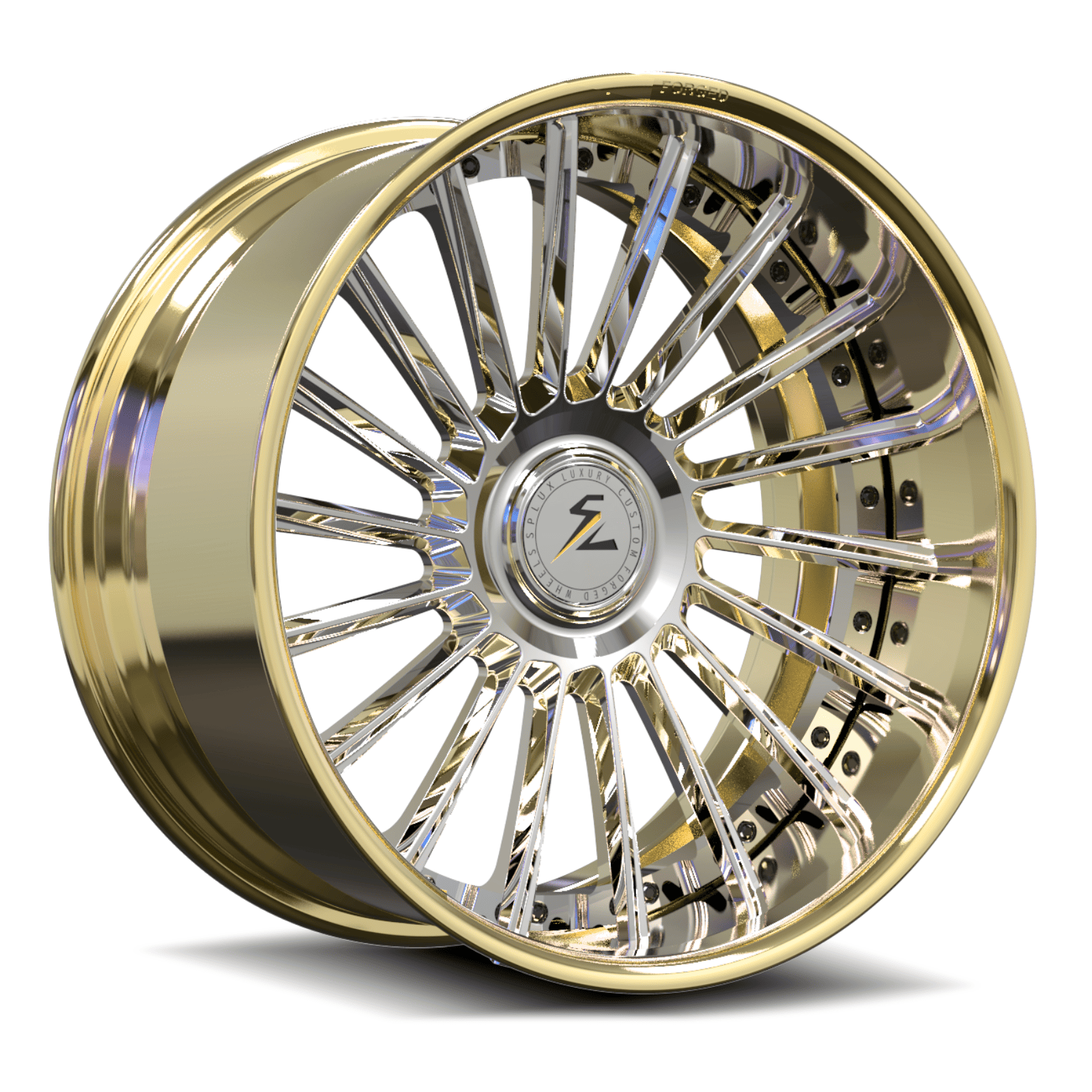 SD-23 chrome and polished frozen gold forged wheels - super deep-dish multi-spoke alloys