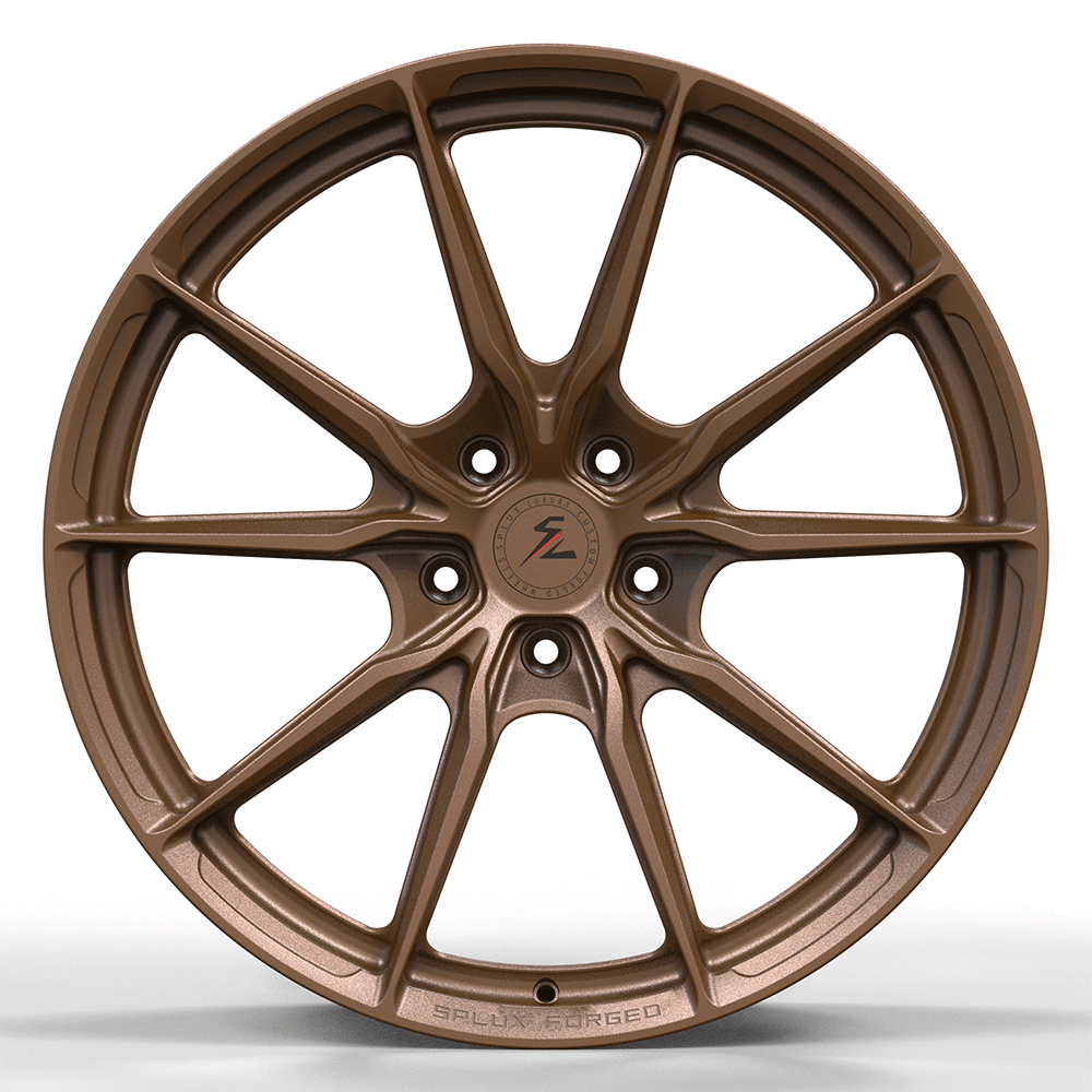 Splux SF-06 19-inch black rims for Tesla Model S, custom forged monoblock, super lightweight bronze aftermarket design.