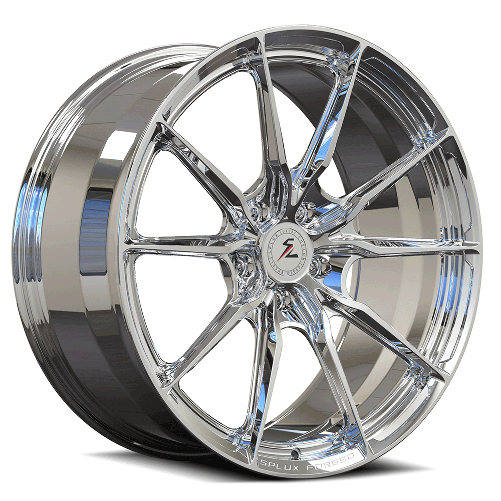 Tesla Model S with 21-inch chrome rims by Splux SF-06, custom forged monoblock, super lightweight aftermarket wheels.
