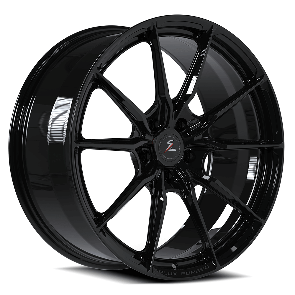 Splux SF-06 22-inch black custom forged monoblock wheels for Tesla Model S, super lightweight with compatible lug nuts.