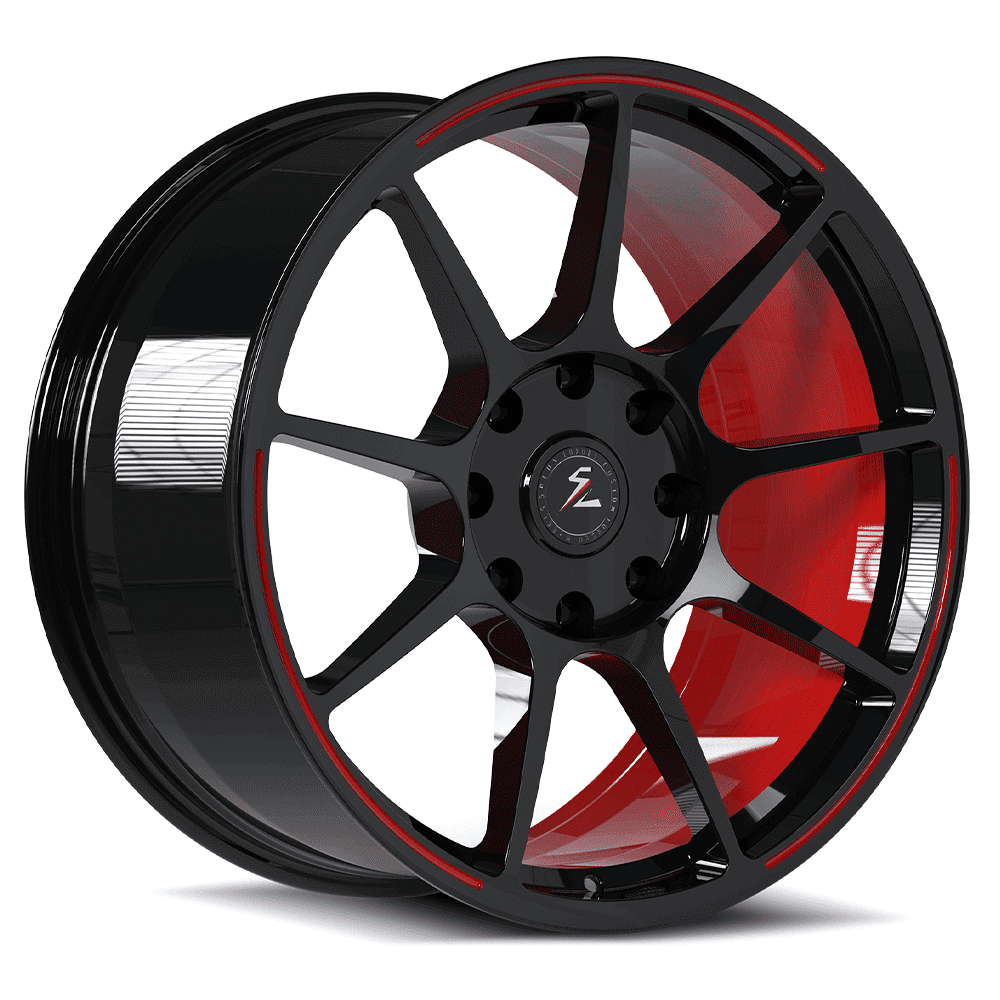 Black rims with red accent and a multi-spoke sporty design. Splux luxury aftermarket forged wheels available in 16-26 inch.