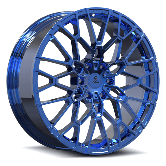 SF-10 6-Lug polished blue forged monoblock flat design rims for GMC Denali — front angle