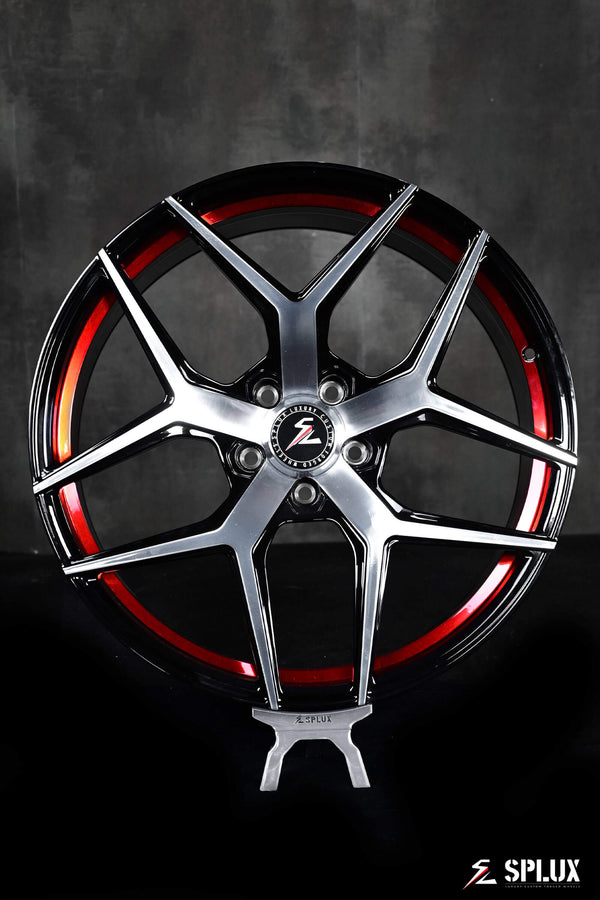 Splux SL-01 21-inch wheels for 2023 Tesla Model S, custom forged 1-piece, lightweight, machined with black finish and red stripe, concave design.