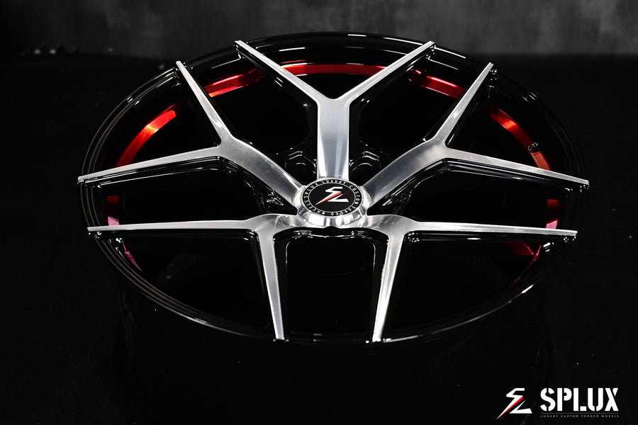 Splux SL-01 21-inch custom forged 1-piece wheels for 2023 Tesla Model S, lightweight, machined, black with red stripe and concave shape.