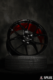 Splux SL-01 22-inch black lightweight custom forged rims for 2023 Tesla Model X, featuring brushed red engraving and a one-piece design.