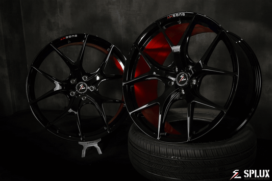 Splux SL-01 22-inch black lightweight forged rims with brushed red engraving for 2023 black Tesla Model X, custom one-piece design.