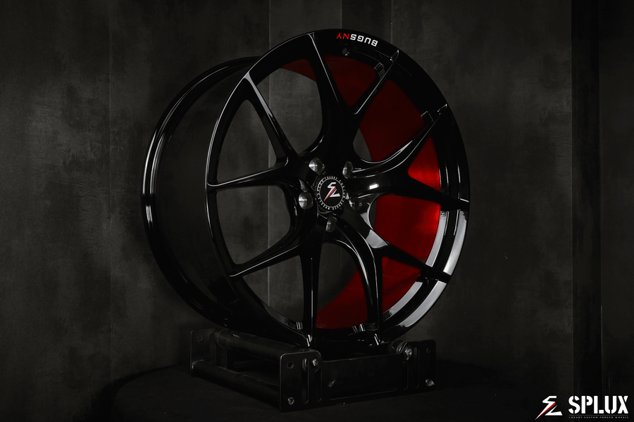 Splux SL-01 20-inch black custom forged wheels for 2023 Tesla Model X, featuring lightweight construction, brushed red engraving, and a one-piece design.