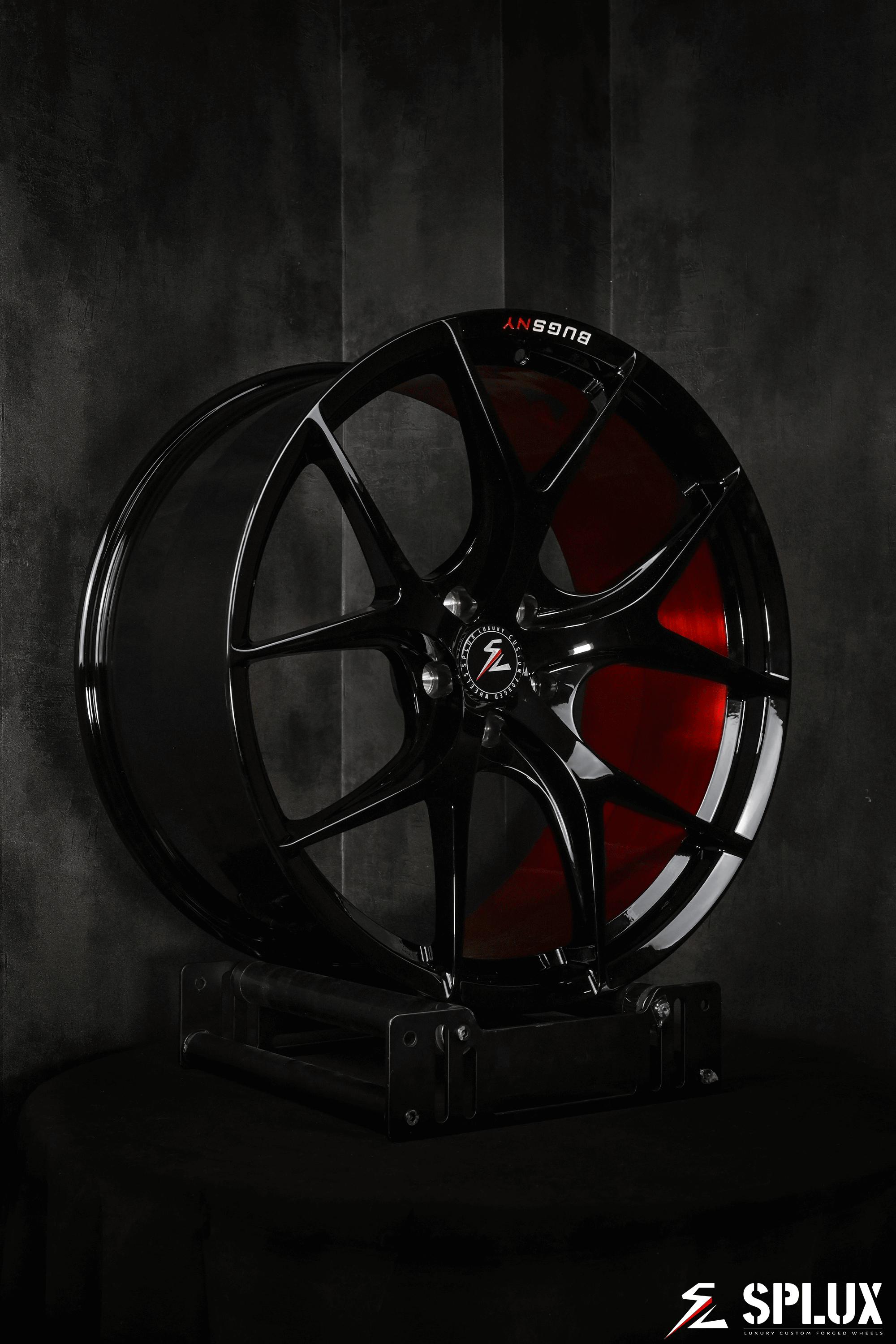 Splux SL-01 22-inch black custom forged rims with brushed red engraving for 2023 Tesla Model X, lightweight and one-piece design.