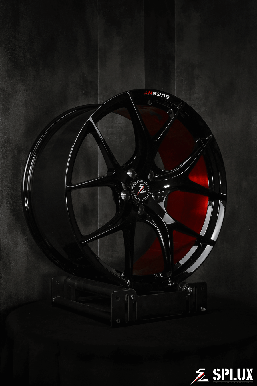 Splux SL-01 22-inch black custom forged rims with brushed red engraving for 2023 Tesla Model X, lightweight and one-piece design.