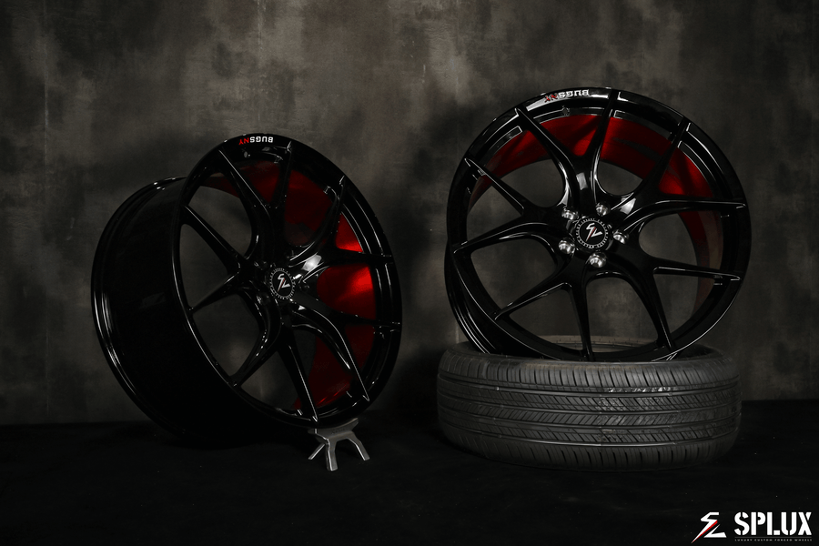 Splux SL-01 22-inch black custom forged wheels with brushed red engraving for 2023 Tesla Model X, featuring lightweight one-piece design.