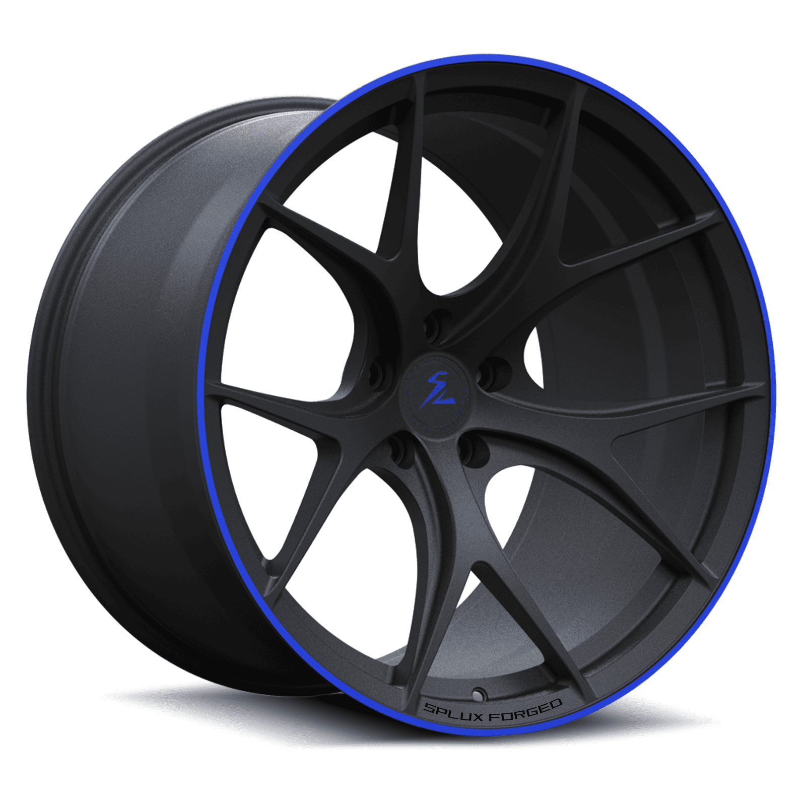 matt black rims with blue accent. aftermarket lightweight wheels from splux.