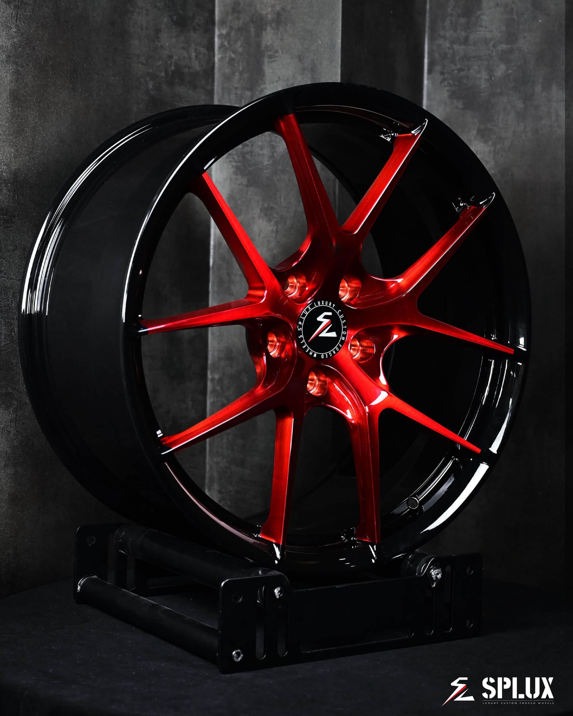 Splux SL-04 lightweight y-spoke forged monoblock wheels for 2014 C7 Corvette Z51, brushed red and black, 19,20 inch