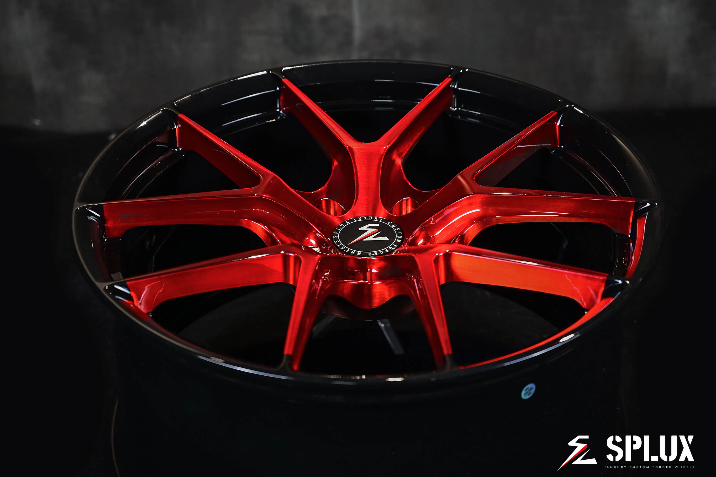 Splux SL-04 aftermarket forged monoblock lightweight y-spoke wheels for 2014 C7 Corvette Z51, brushed red, black