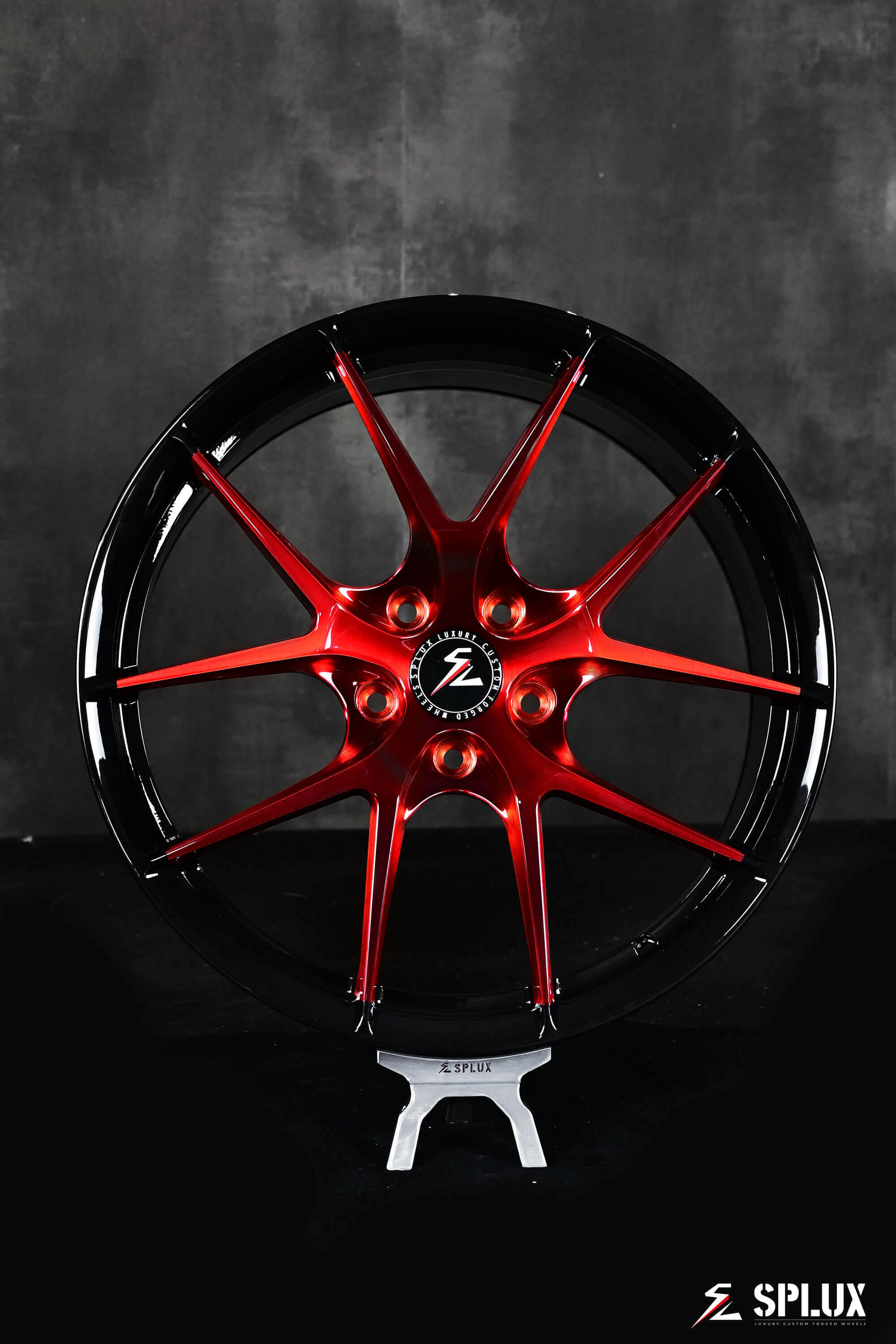 Splux SL-04 19,20 inch forged monoblock lightweight y-spoke wheels for 2014 C7 Corvette Z51, brushed red, black