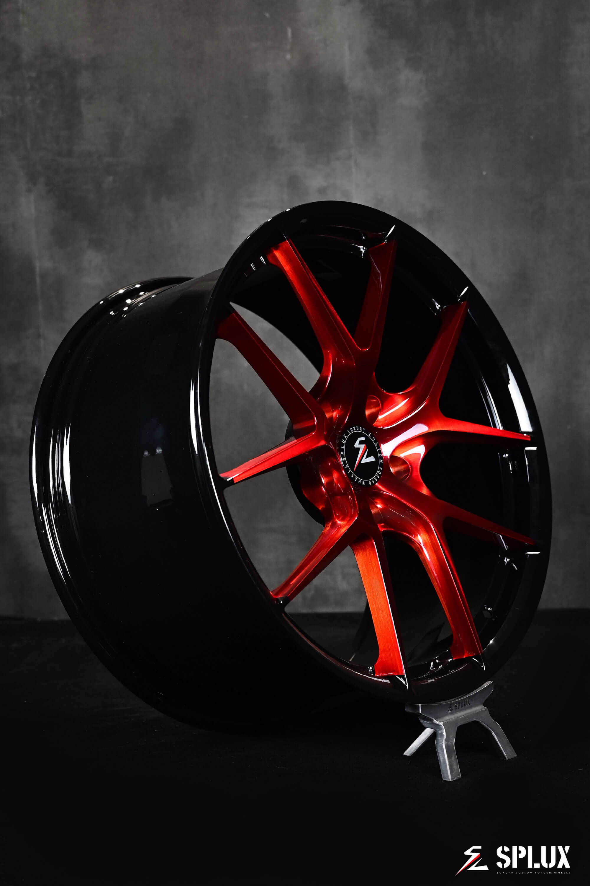 Splux SL-04 forged monoblock y-spoke wheels for 2014 C7 Corvette Z51, lightweight 19,20 inch, brushed red and black finish