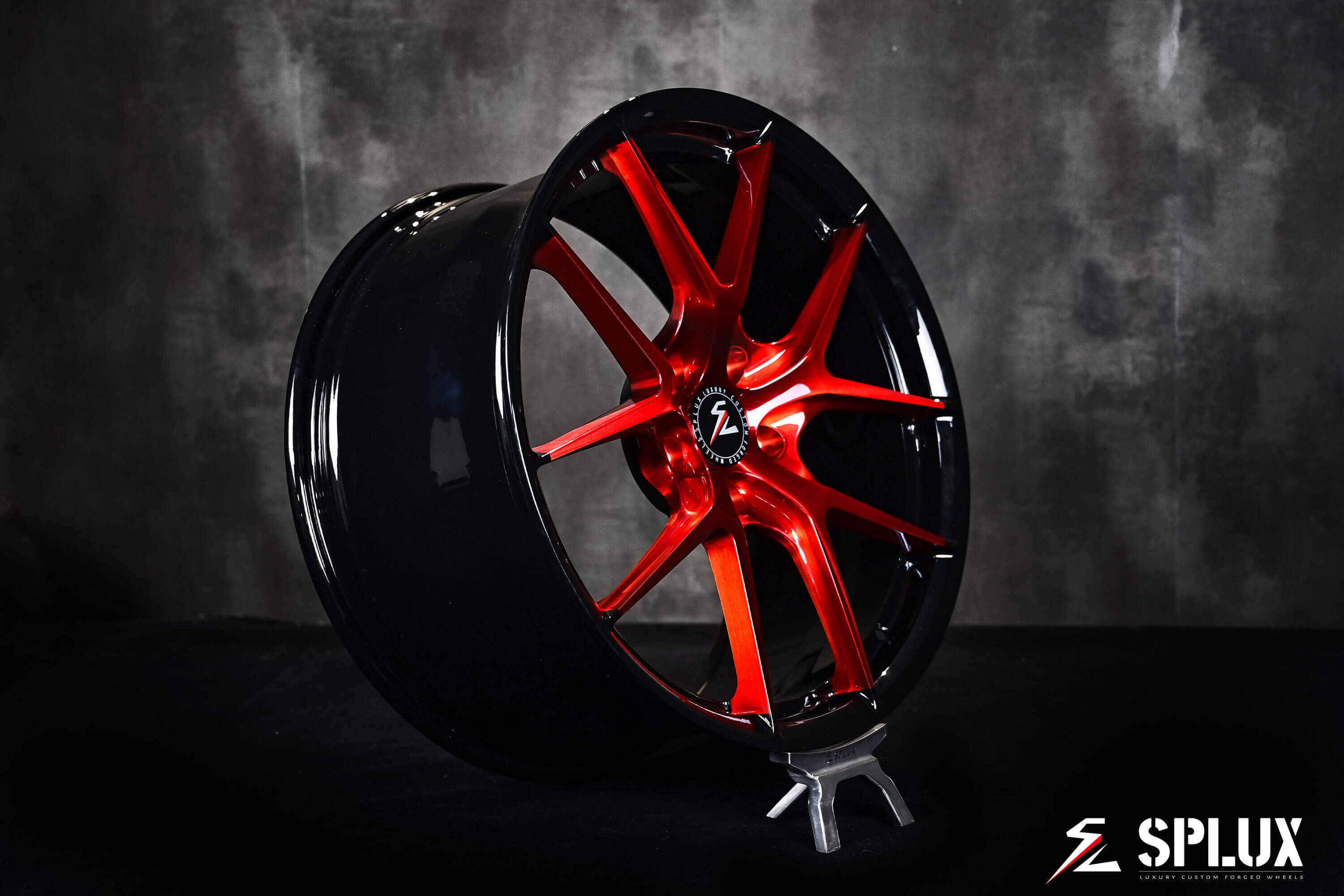 Splux SL-04 lightweight forged monoblock y-spoke wheels for 2014 Corvette C7 Z51, 19,20 inch, brushed red and black