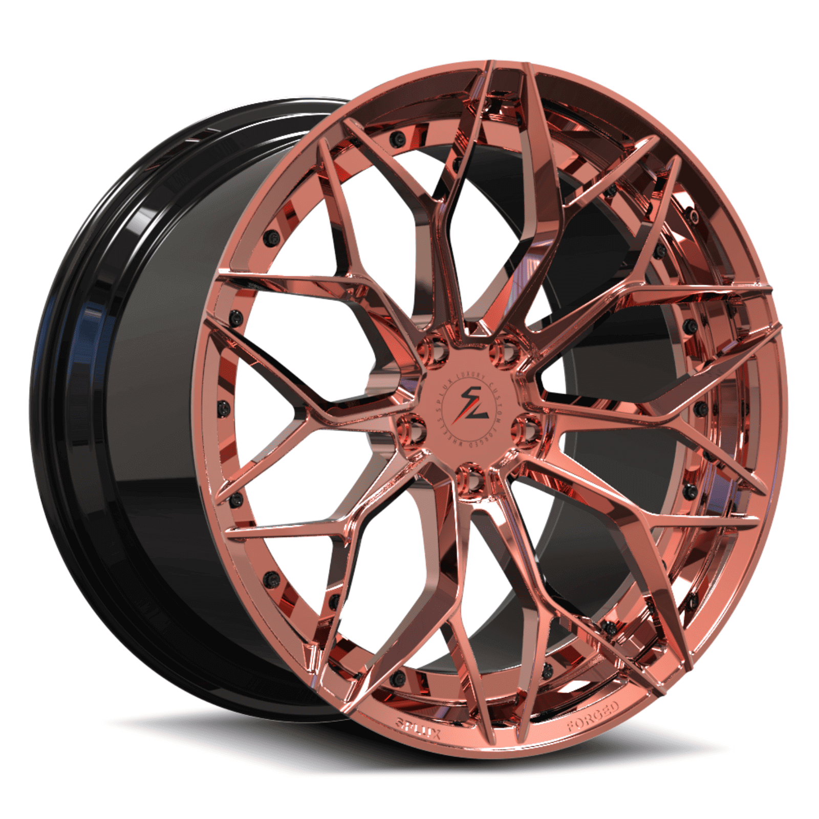 rose gold aftermarket wheels for c8 corvette elkhart lake blue. deep concave style fully forged rims.