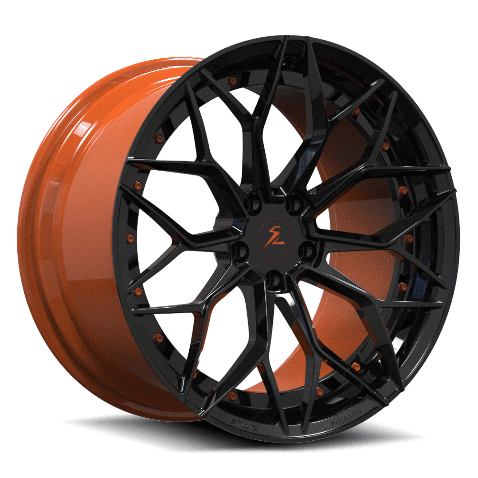 sebring orange corvette c8 forged 2-piece wheels with matched color barrel and black spoke face. 