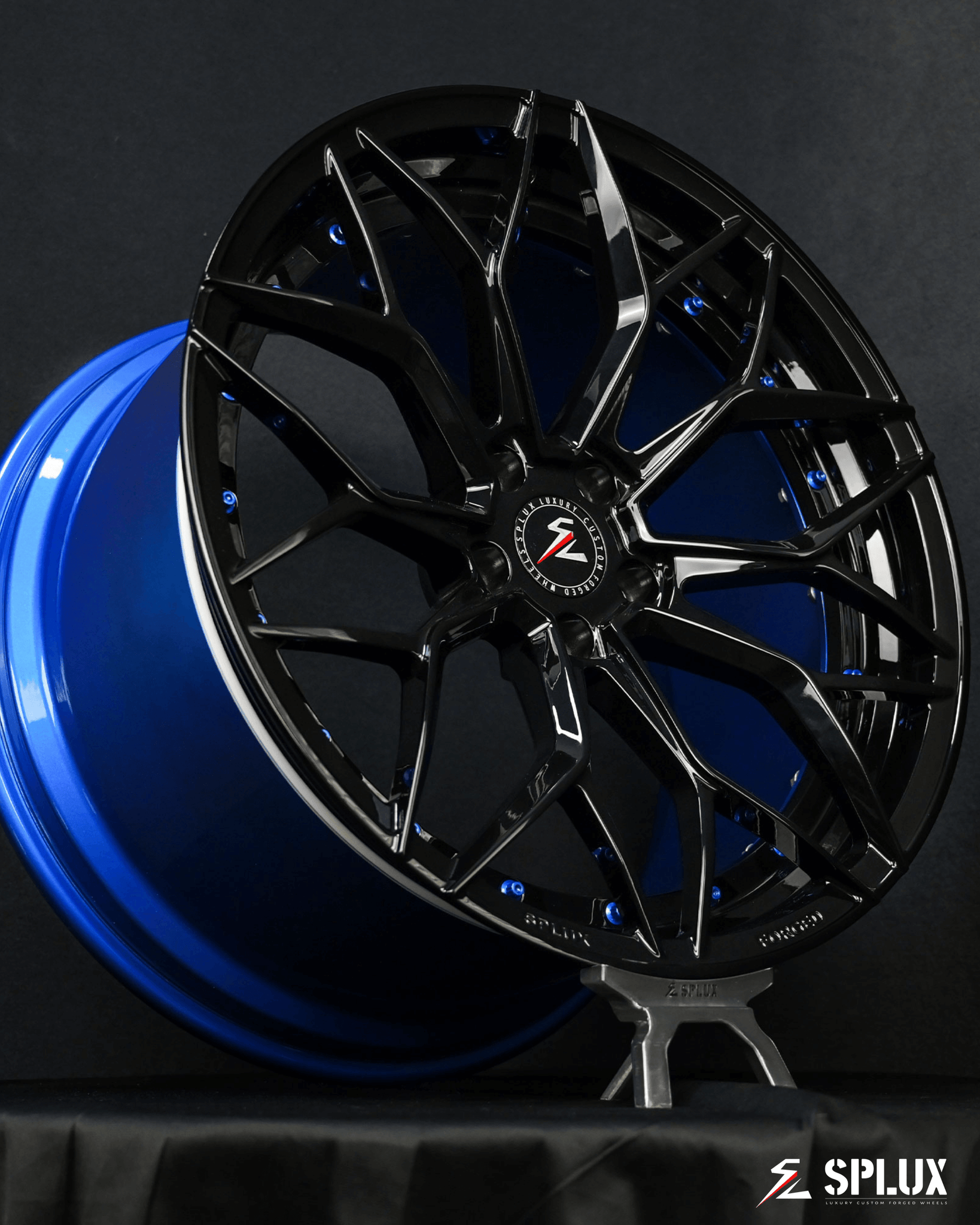 elkhart lake blue c8 forged 2-piece deep concave wheels with matched color and black finish. 