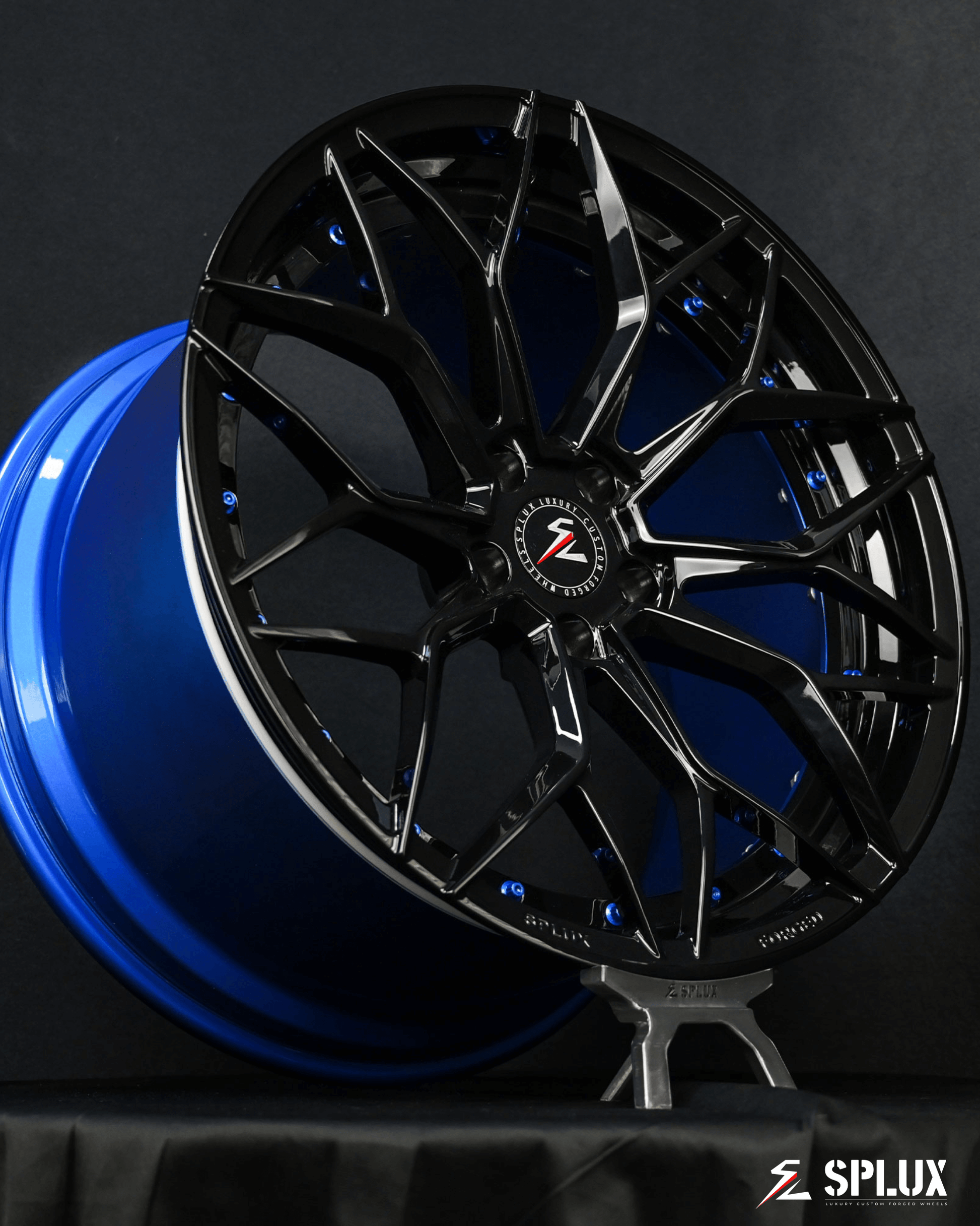 elkhart lake blue c8 forged 2-piece deep concave wheels with matched color and black finish. 