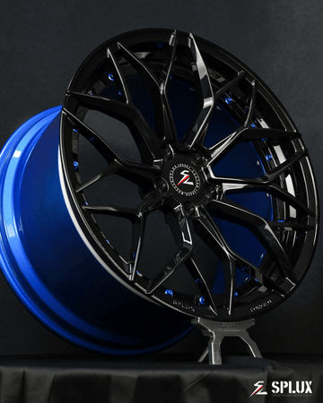 elkhart lake blue c8 forged 2-piece deep concave wheels with matched color and black finish. 