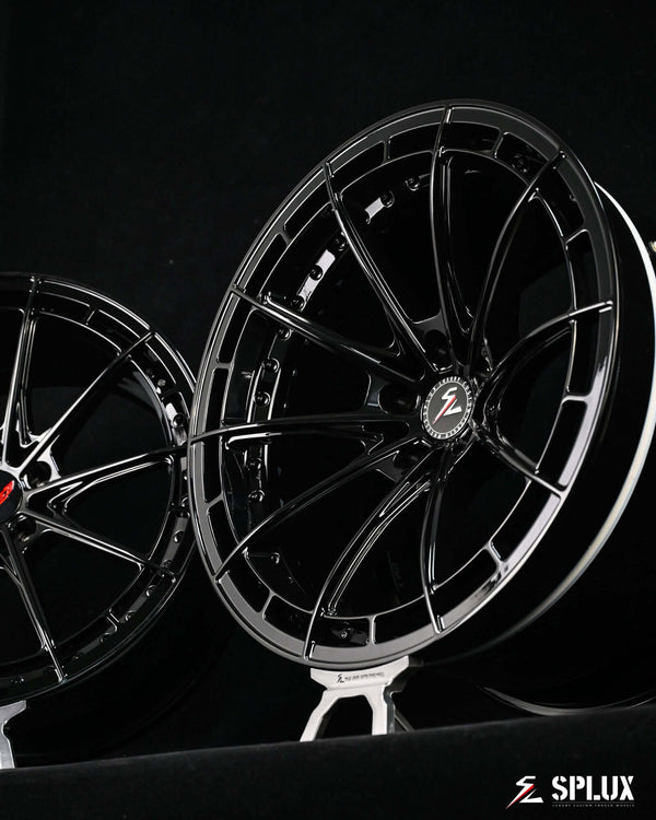 Corvette Z06 forged wheels with a fully gloss black finish.Ultra concave forged 2-piece C8 aftermarket wheels by Splux SL-C07