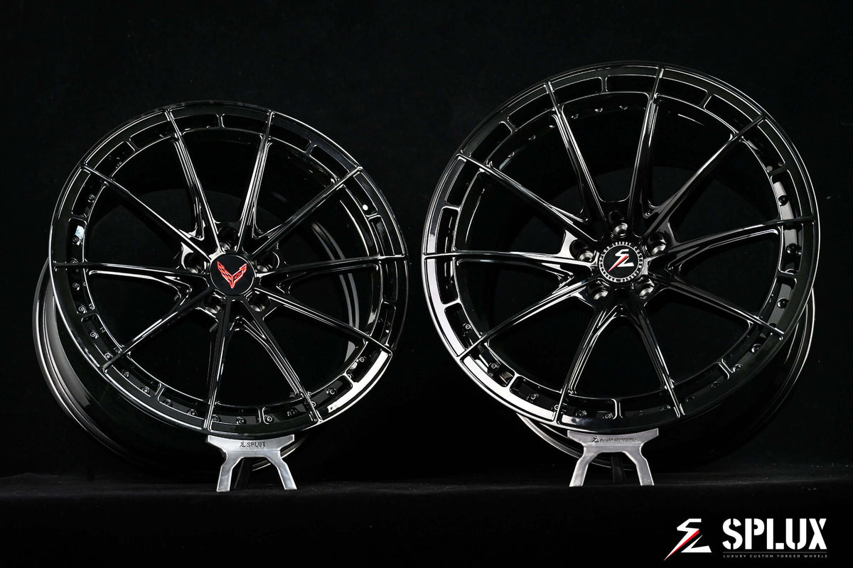 Z06 custom wheels made from 6061-T6 fully forged materials. Deep concave black rims for the Corvette C8.