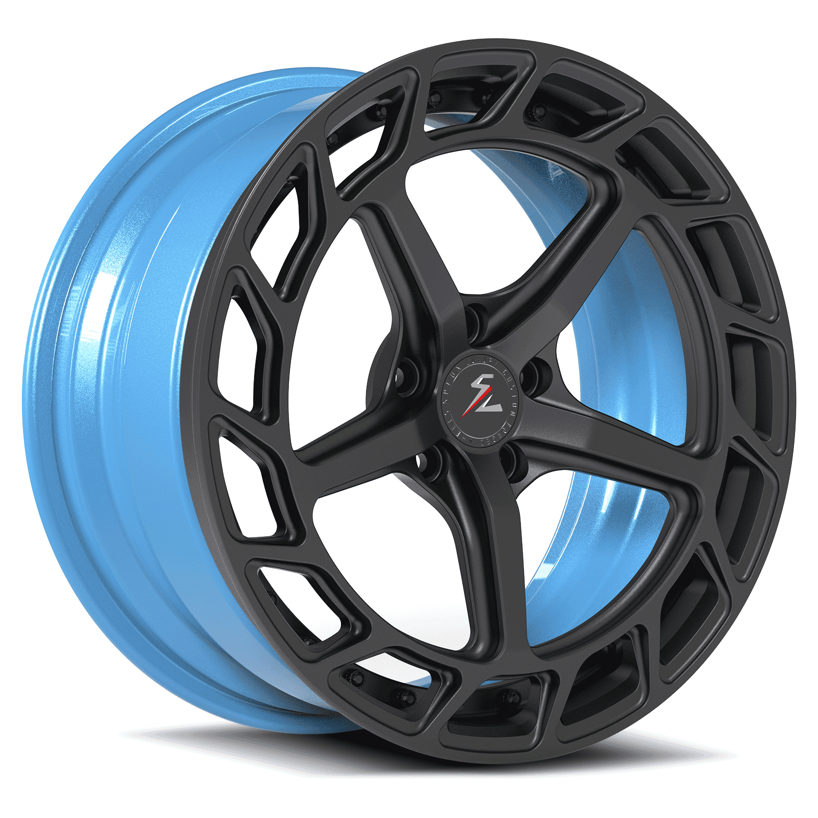 Blue rims on a blue car with a 5-spoke design. The best forged wheels for muscle cars.