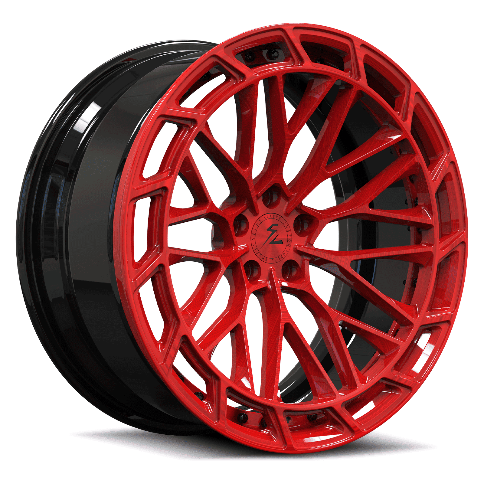 18-inch Jeep wheels in black and red with super luxury concave SL-C12 design. Strong style with fully forged construction.