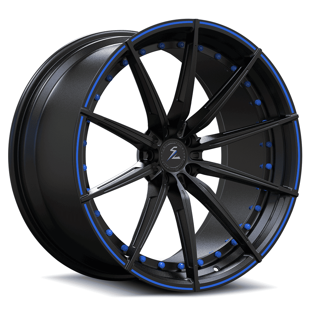C6 Z06 in blue with black rims from fully forged custom luxury Splux wheels. 2-piece design for big calipers.