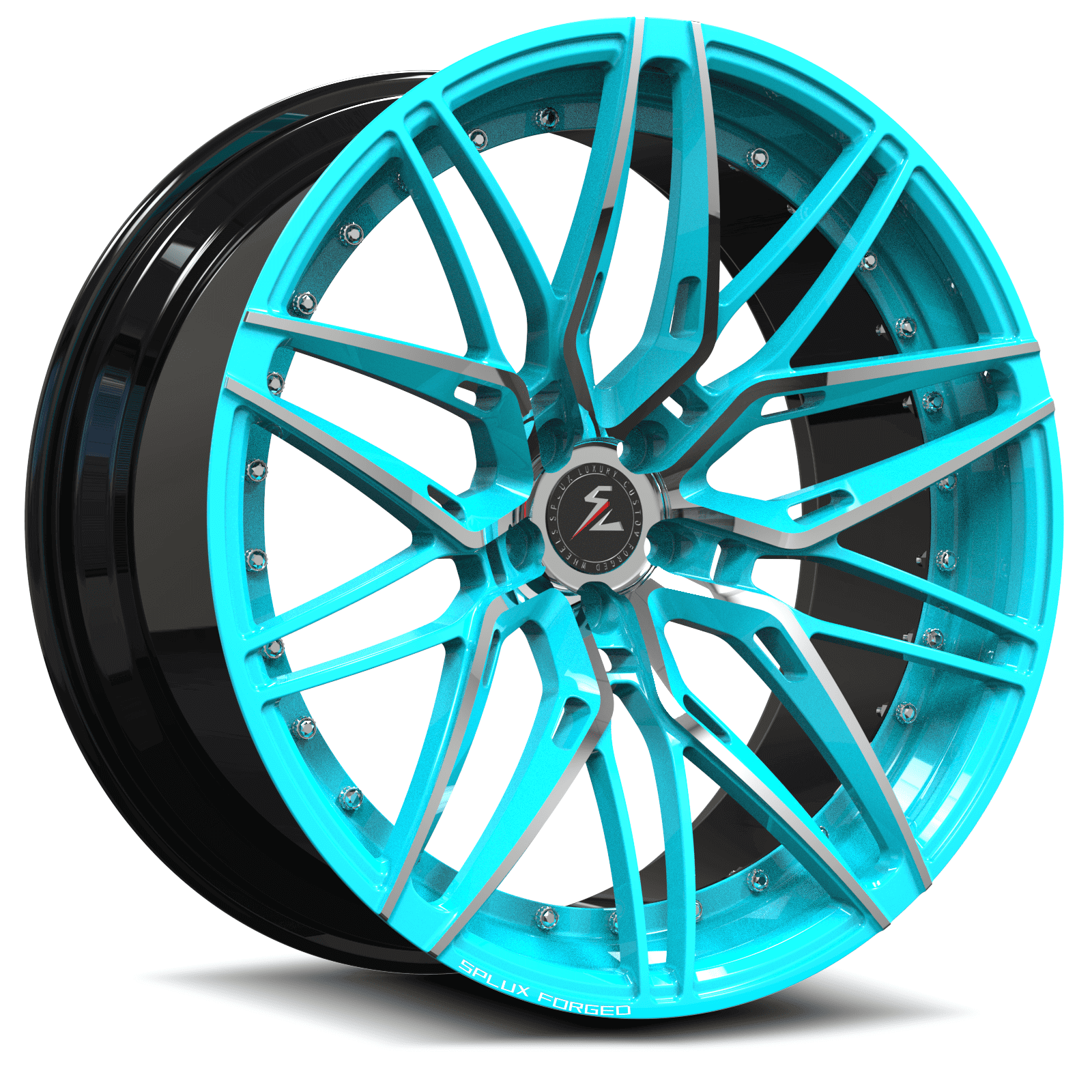 White truck with teal wheels featuring a super concave,aggressive style.Custom forged 2-piece that makes a stunning statement