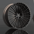 Detailed view of 19 inch matte black multispoke wheels with satin bronze and chrome accents, highlighting a 2-piece design.