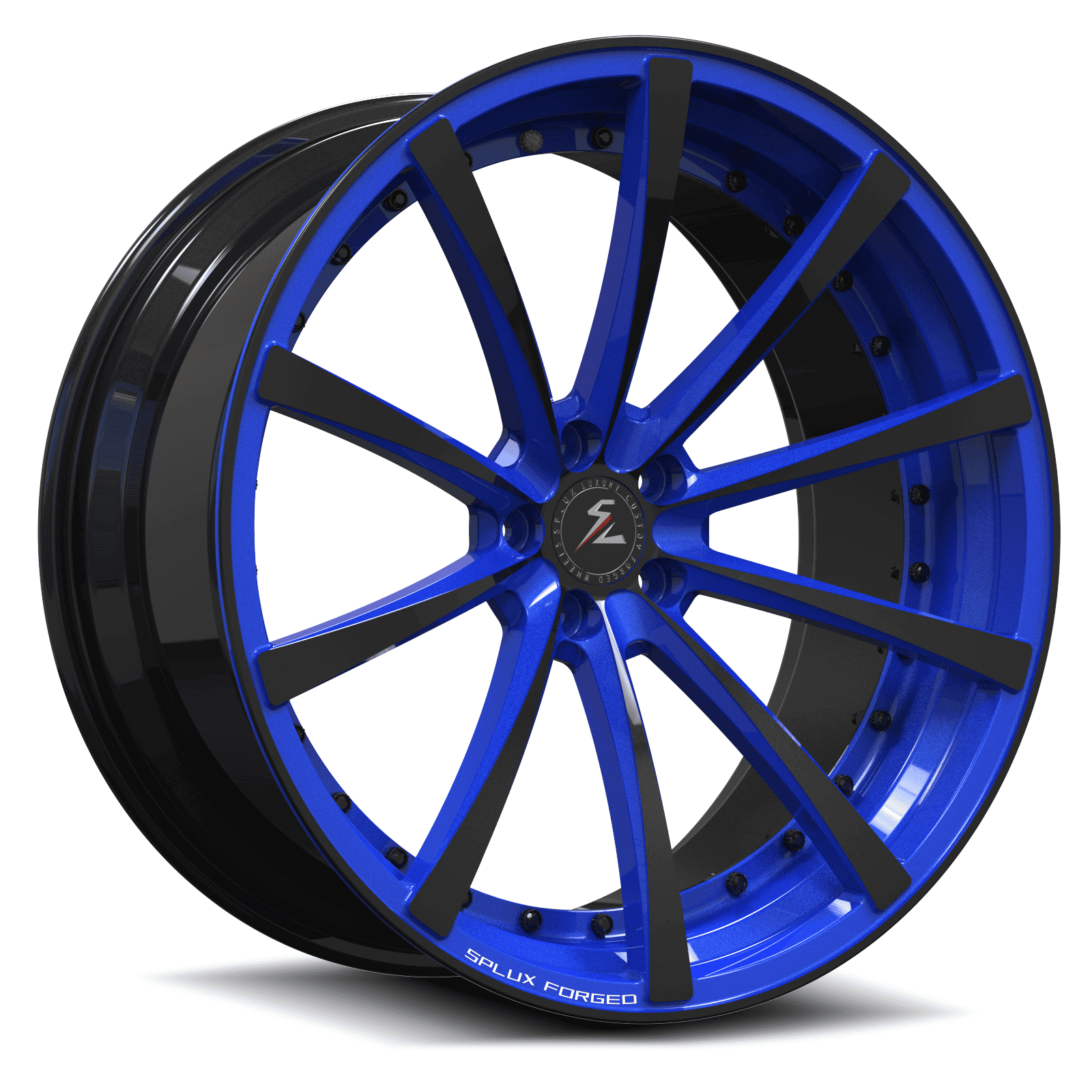 Black rims with blue accents, available in 4-lug, 5-lug, and 8-lug configurations.