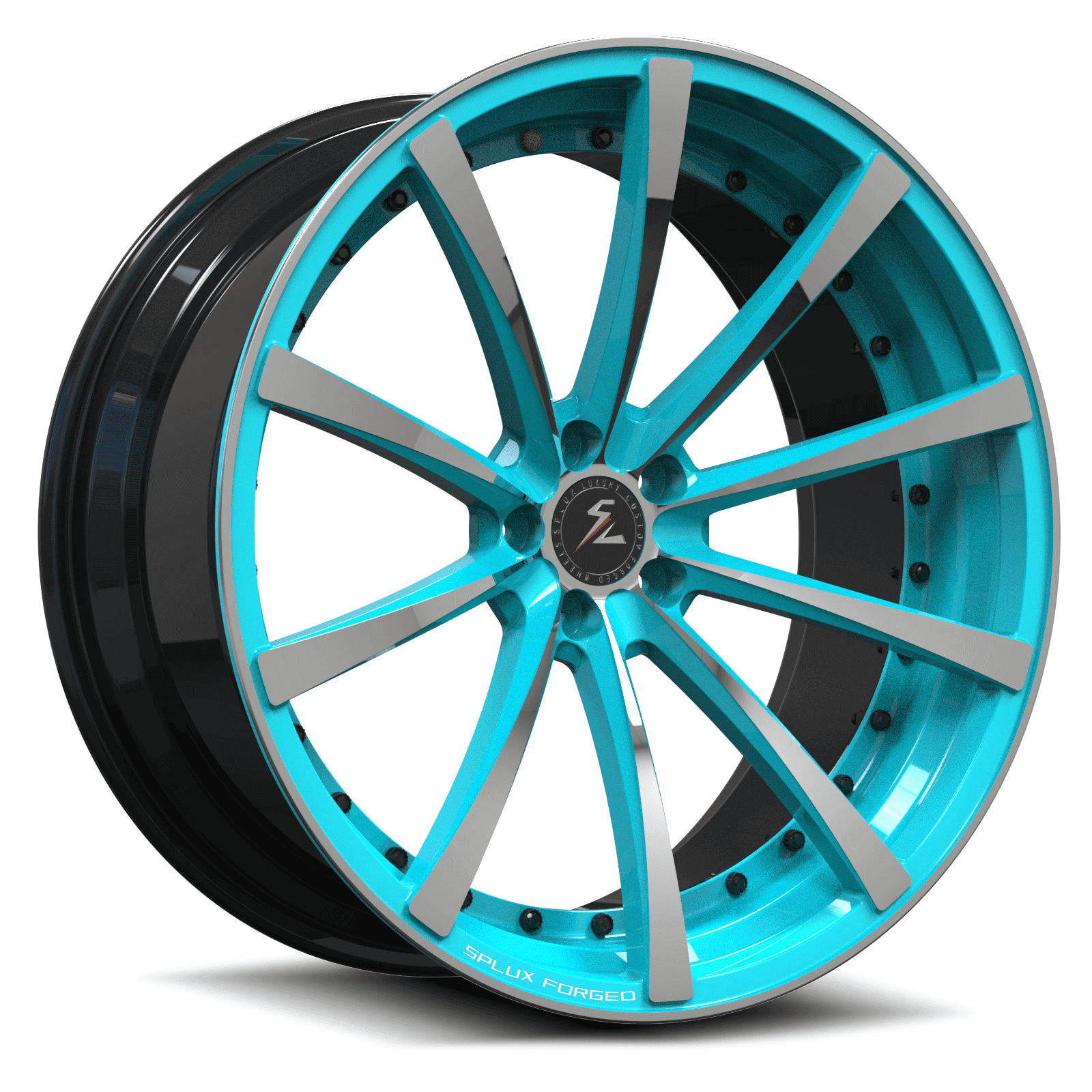 Teal wheels with 5x114, available in 17 to 26 inches. Ultra concave forged 2-piece wheels featuring a 10-spoke design.