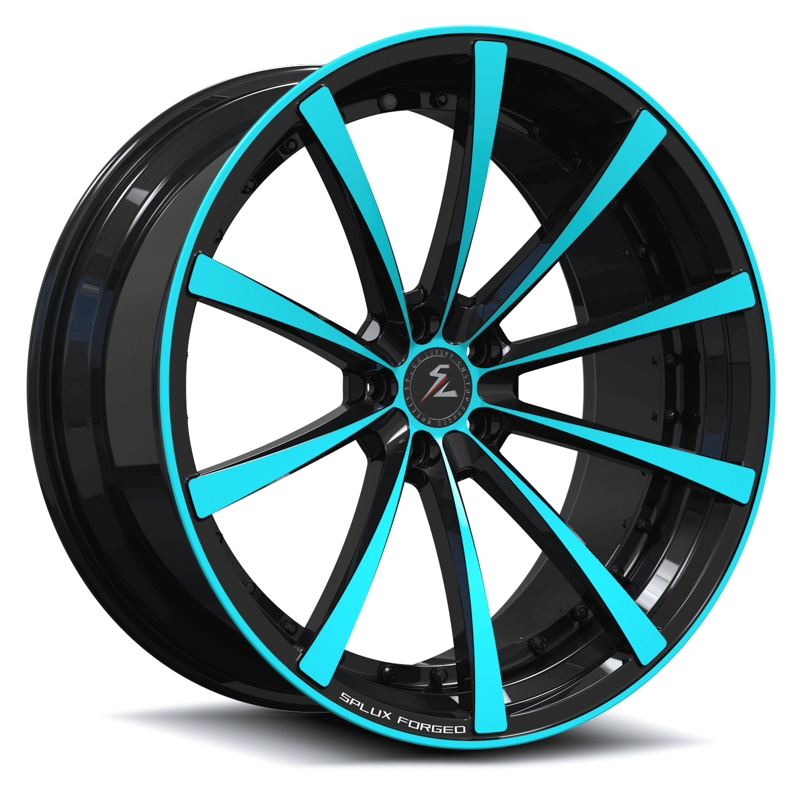 Teal Audi R8 with white wheels featuring a multi-spoke design. Fully forged wheels with a black and blue finish.
