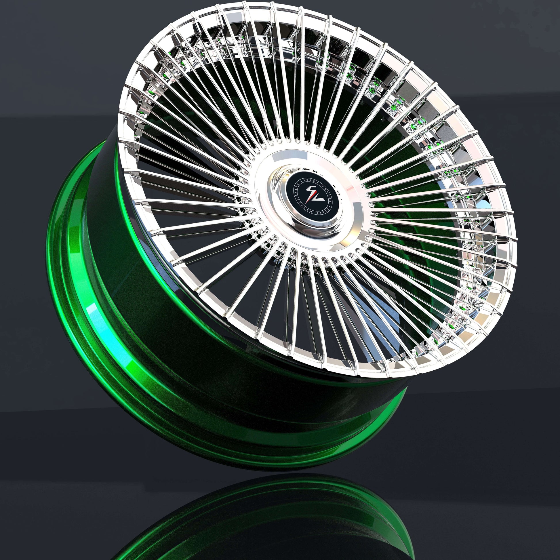 2015 Escalade with 26" custom polished silver rims, custom forged 2-piece, multi-spoke, concave, 22 inch custom wheels.