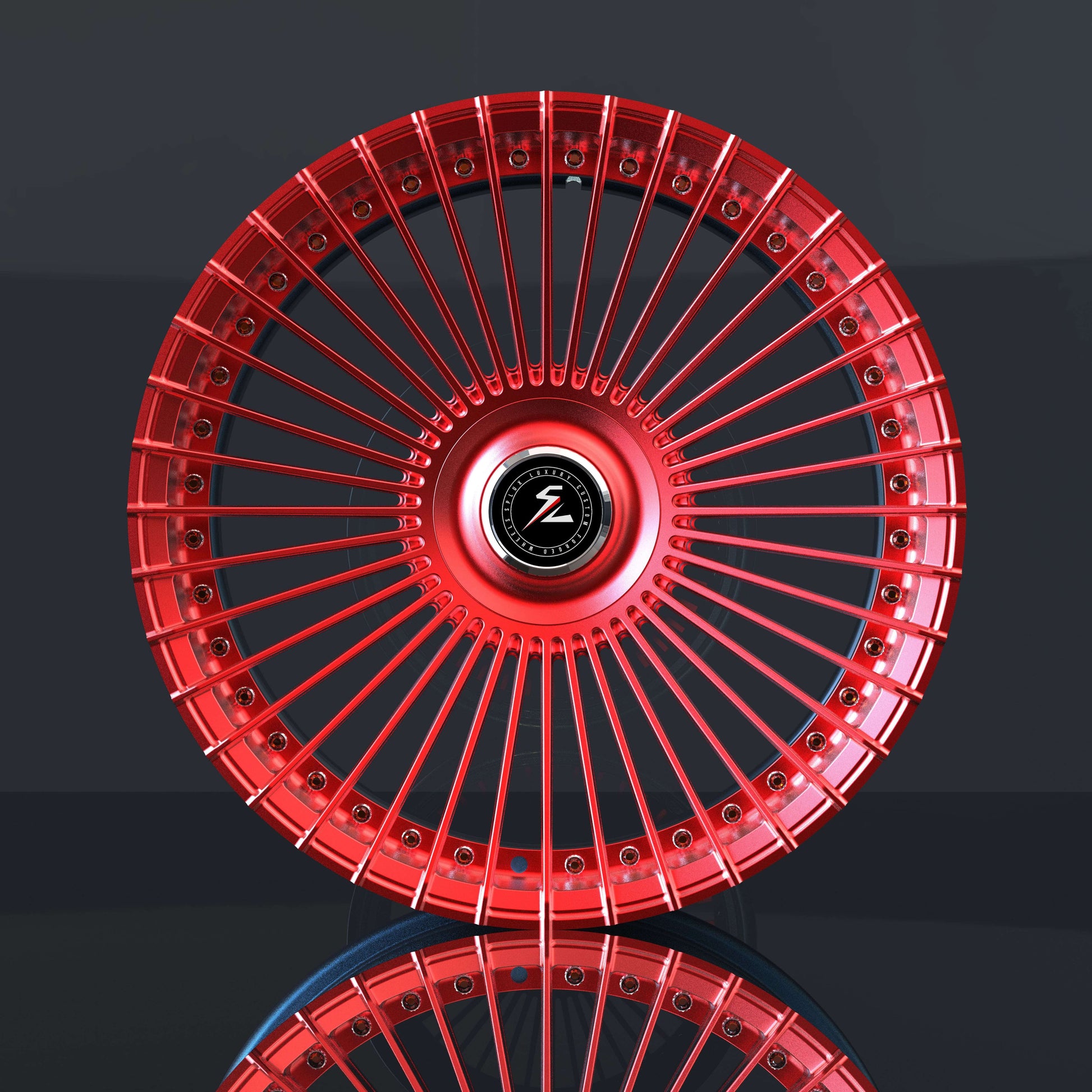Custom rims for Cadillac Escalade, custom forged 2-piece, multi-spoke, concave, red and blue finishes, 20-inch rims.