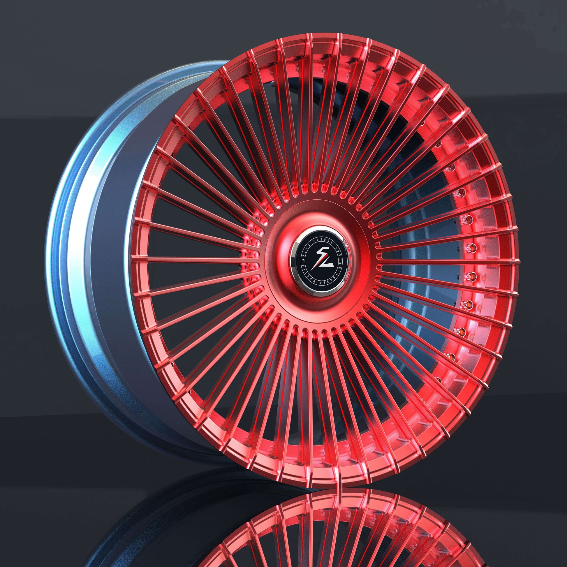 2018 Escalade wheels, custom forged 2-piece rims, multi-spoke, super deep concave wheels, red and blue, 20 inch size.