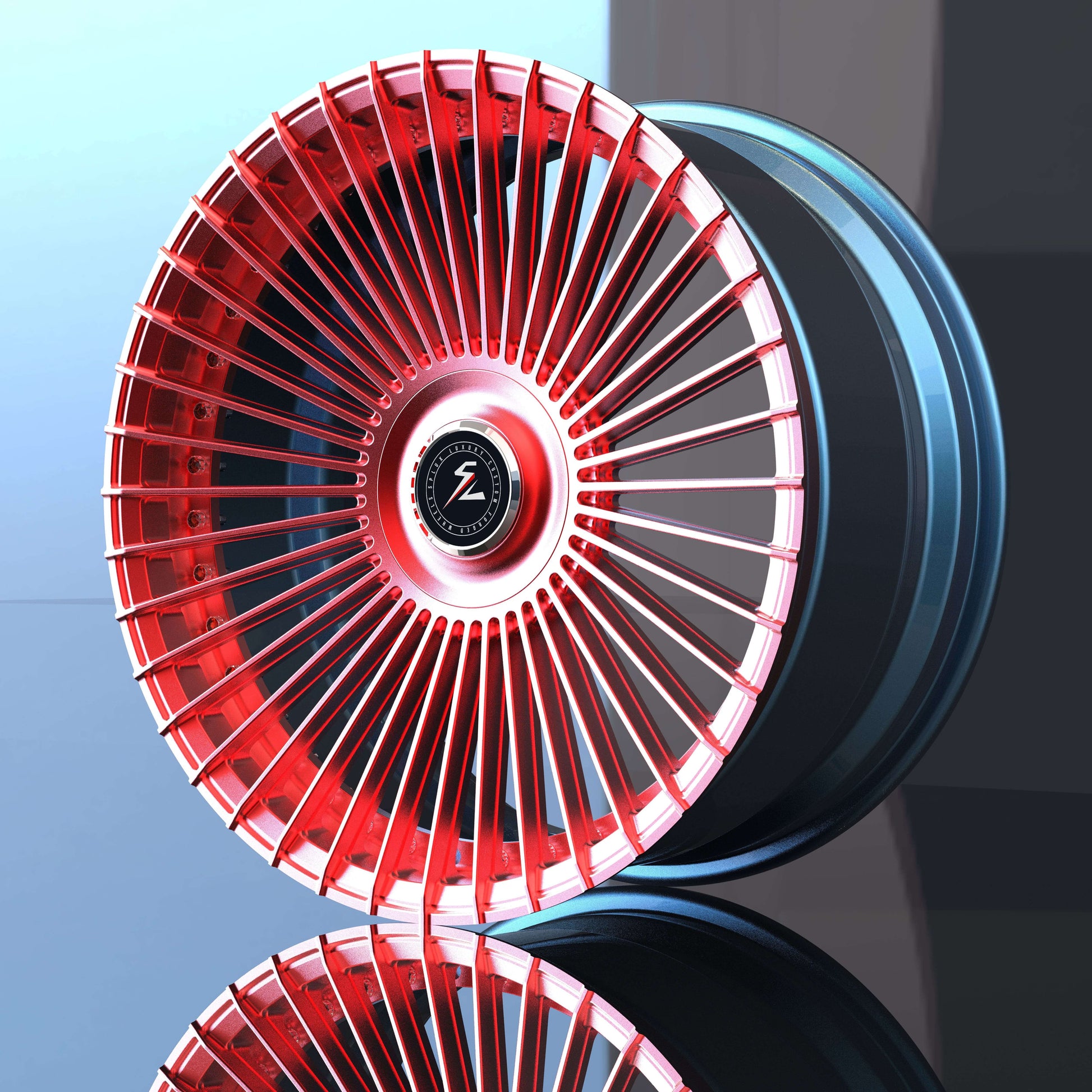 2009 Cadillac Escalade Platinum wheels, custom forged 2-piece, multi-spoke, concave, red and blue finishes, 26-inch rims.