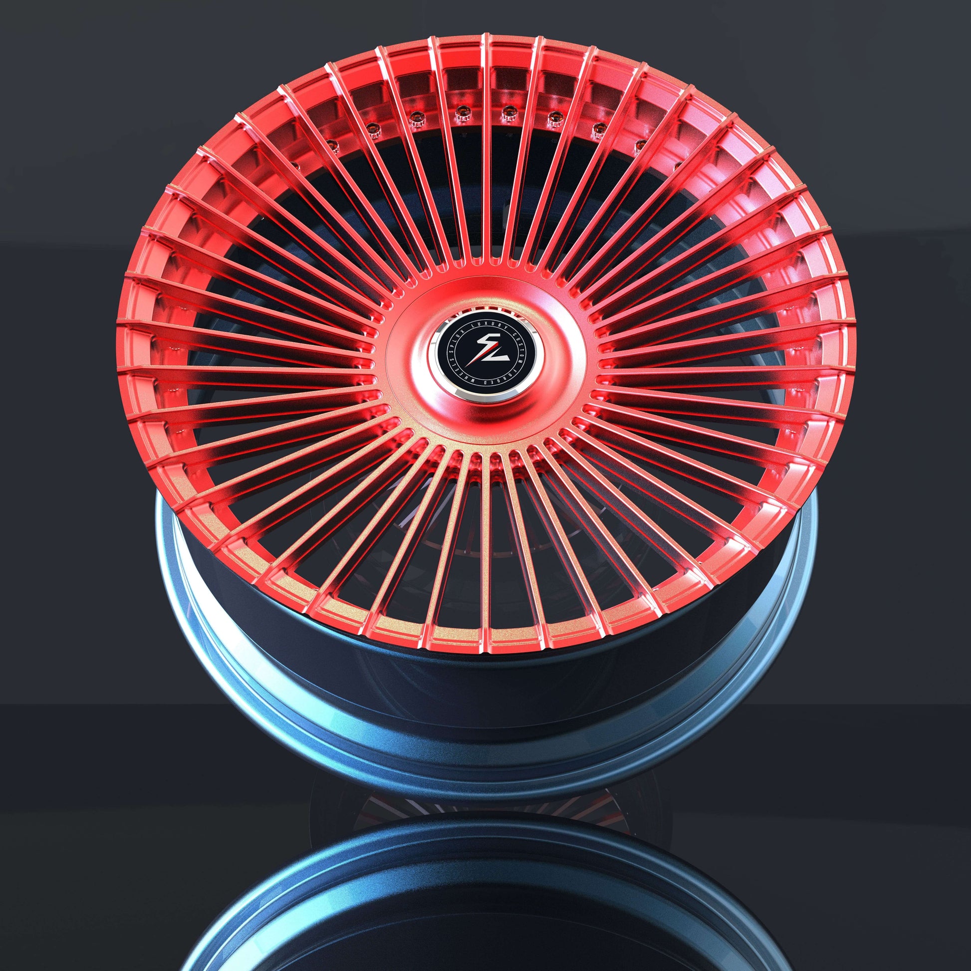 2011 Cadillac Escalade Platinum wheels, custom forged 2-piece, multi-spoke, concave, red and blue finishes, 26-inch size.