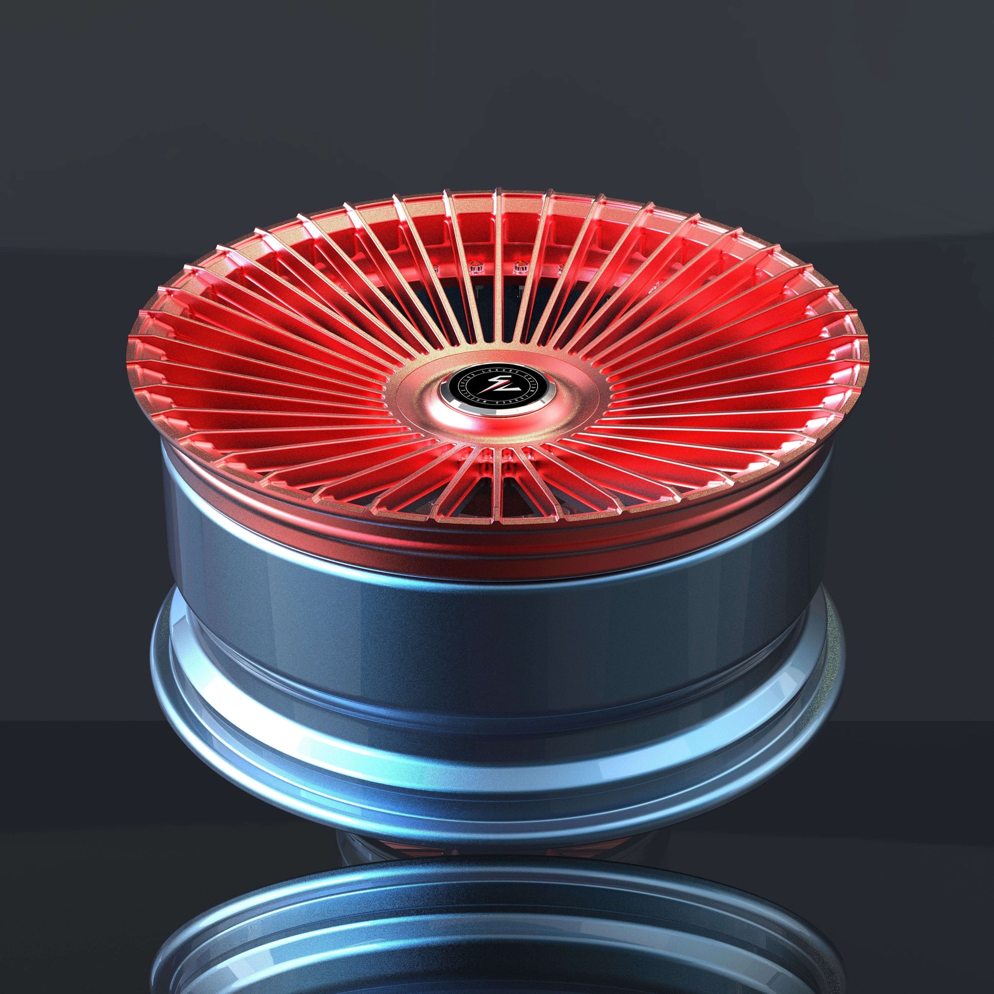 2013 Cadillac Escalade rims for sale, custom forged 2-piece, multi-spoke, concave, red and blue finishes, 22-inch rims.